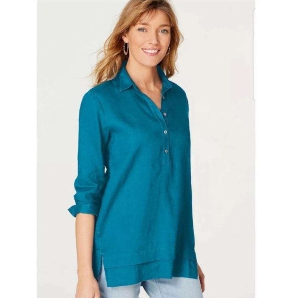 J. JILL Love Linen 100% Linen Minimalist Long Sleeve Button Down Tunic B…